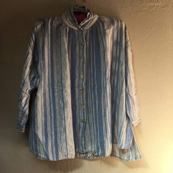 Tancredi & Morgen Top Women's High Neck Button Front Blue Striped Shirt Blouse - Picture 1 of 6